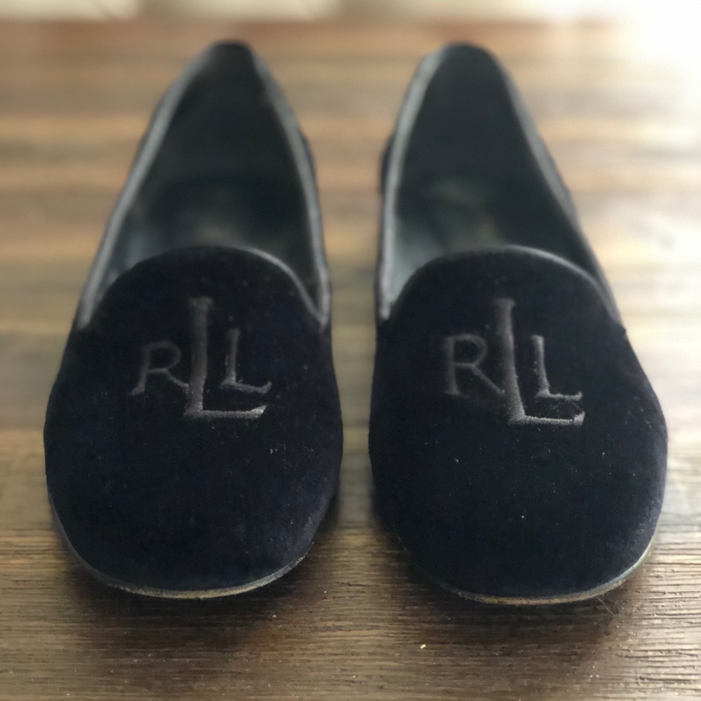 Ralph Lauren Monogram Black Velvet Loafers! Sz 8.5